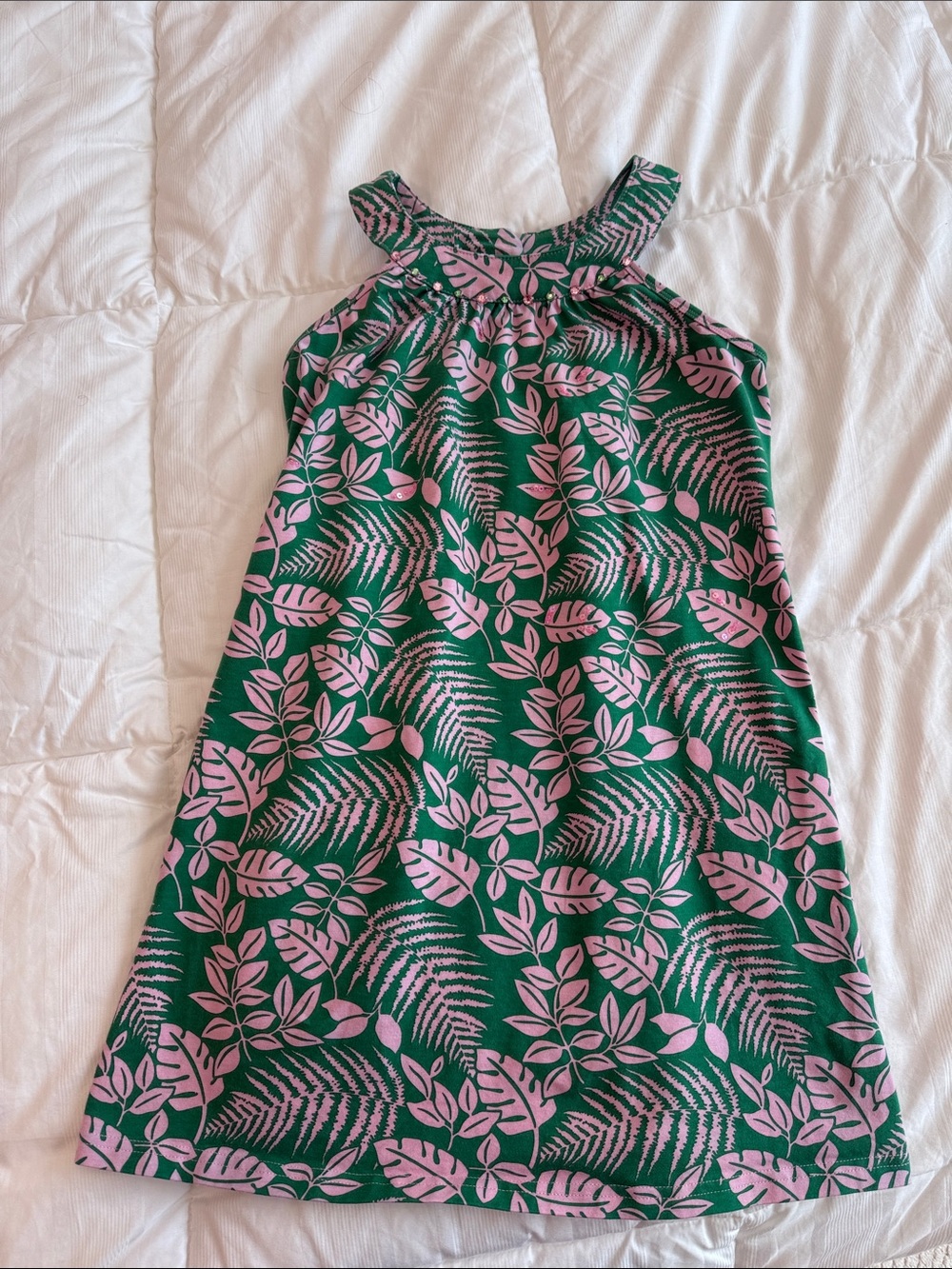 Girls' Green Halter Dress with Pink Leaf Print